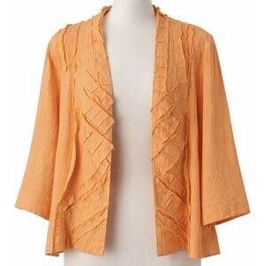 Chico’s 2 (US L) Orange Linen Open Front Jacket Frayed Trim 3/4 Sleeve Boho